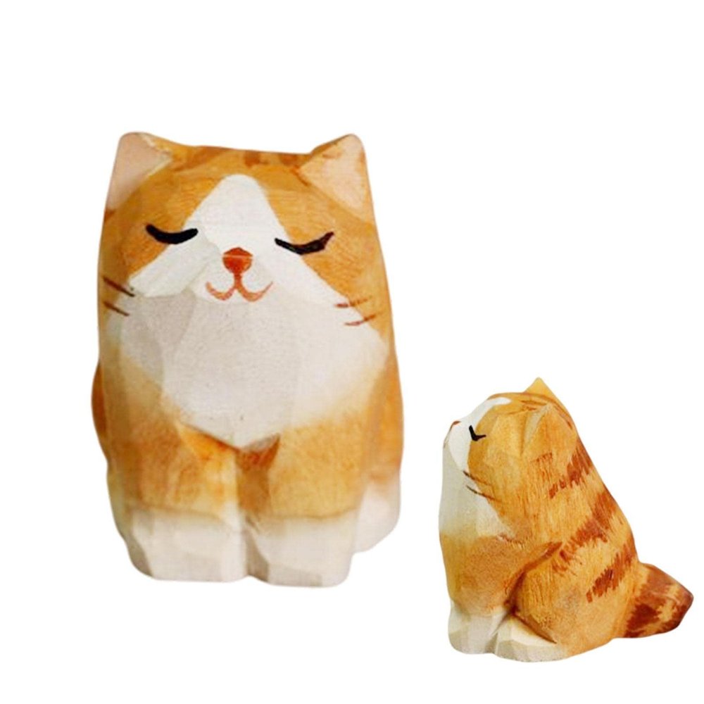 LAFANDE Orange Cat Wood Figurine - Wooden Cat Figure, Carved Wooden Small Animal Wooden Kit Static Doll Ornament Sculpture Garden Car Home Room Decor
