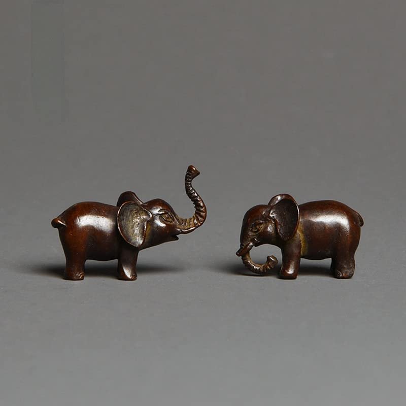 2Pcs Brass Elephant Miniature Figurines,Bronze Animal Elephant Statue Pocket Sculpture Crafts Collection Desktop Ornament Home Sand Table Decor Accessories Study Paperweight