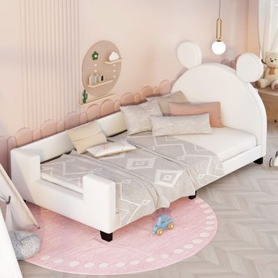 Anwick Twin Size Upholstered Daybed with Carton Ears Shaped Headboard, Twin Bed Upholstered Wood Daybed for Girls, Cute Day Bed for Kids/Teens, No Box Spring Needed (White)