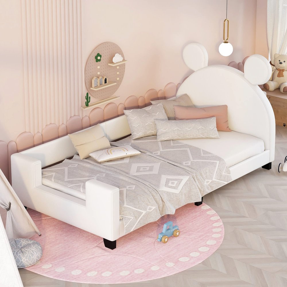 Anwick Twin Size Upholstered Daybed with Carton Ears Shaped Headboard, Twin Bed Upholstered Wood Daybed for Girls, Cute Day Bed for Kids/Teens, No Box Spring Needed (White)