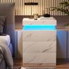 ADORNEVE Nightstand with Charging Station and LED Lights,Night Stand with Sliding Top for Bedroom,Bedside Table with Drawers,Modern End Side Table,White Marble view 1