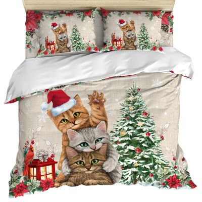 Gehucoxee 4 Piece Bedding Set California King Christmas Cat Comforter Duvet Cover for Child Girls Boys, Bed Sheet for Bedroom Guest Room Hotel Pillowcase Seasonal Tree Poinsettia Berry Xmas Burlap