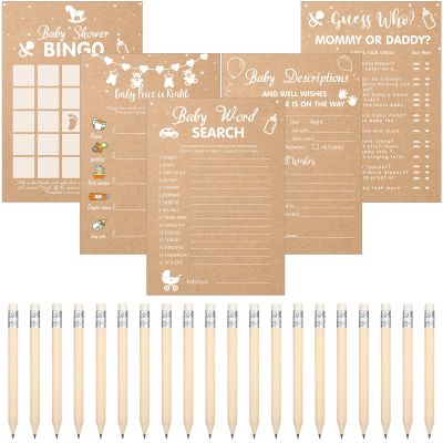 Funtery 145 Pcs Rustic Games Activities Cards for 25 Guests with 20 Pencils Rustic Kraft Funny Theme Games, Bingo, Guess Who, Gender Reveal Ideas