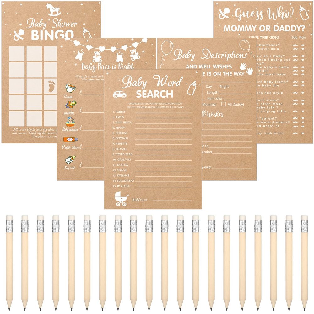 Funtery 145 Pcs Rustic Games Activities Cards for 25 Guests with 20 Pencils Rustic Kraft Funny Theme Games, Bingo, Guess Who, Gender Reveal Ideas