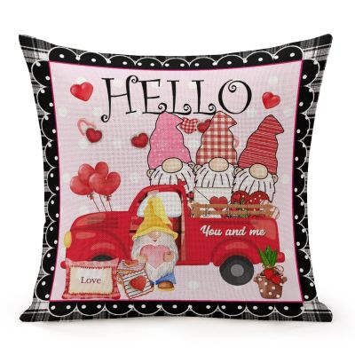 Decorative Throw Pillow Cover Hello Love Heart Truck Gnome ValentineValentine's Day Pink Cushion Pillowcase 16"x16" Square Pillow Case Anniversary Wedding Decoration for Couch Sofa Office Car Decor