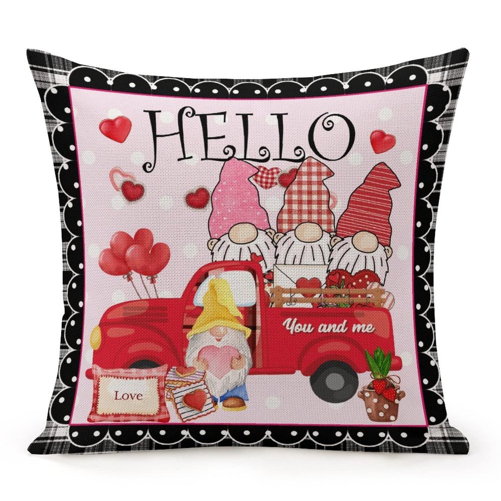 Decorative Throw Pillow Cover Hello Love Heart Truck Gnome ValentineValentine's Day Pink Cushion Pillowcase 16"x16" Square Pillow Case Anniversary Wedding Decoration for Couch Sofa Office Car Decor