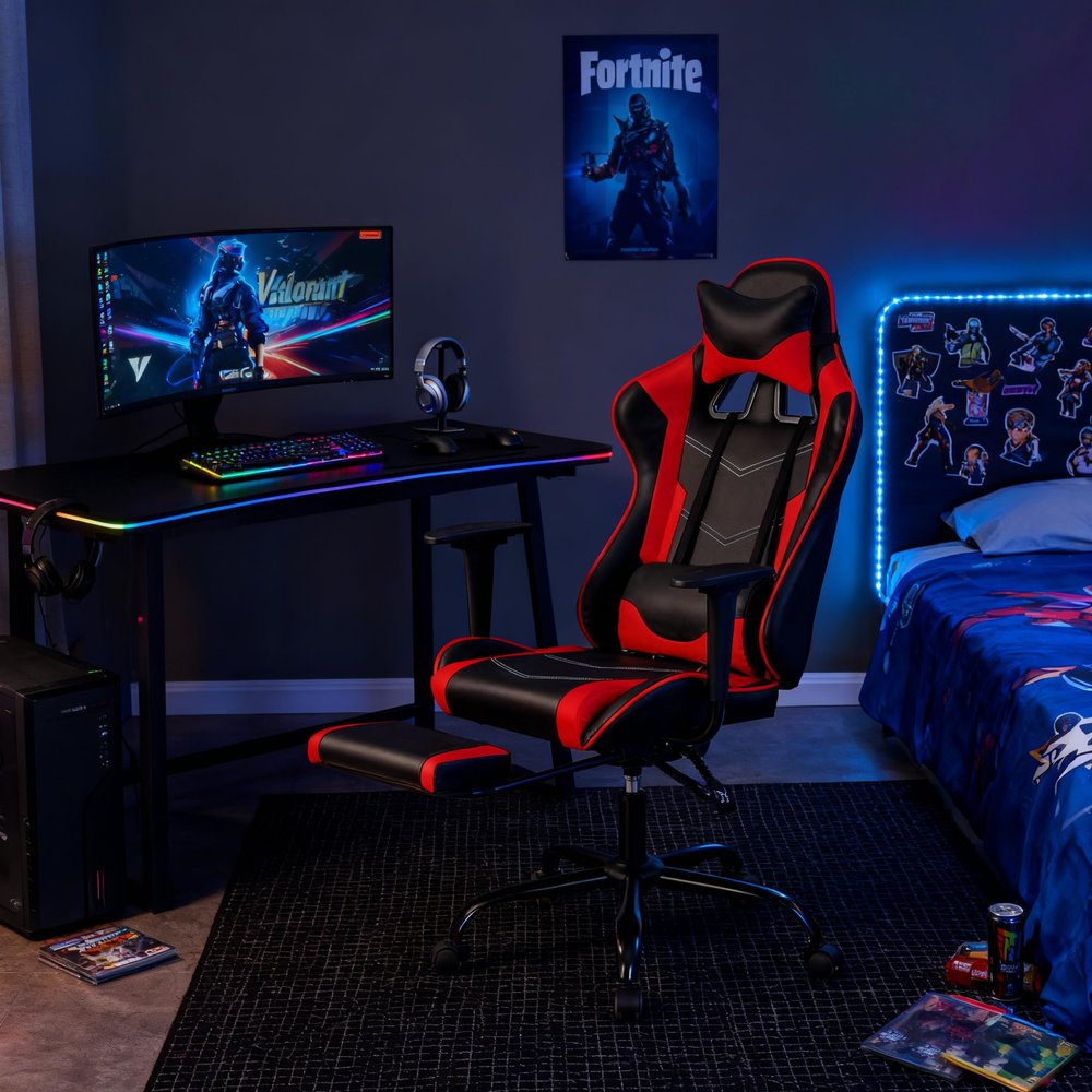 Gaming Chair Computer Chair Ergonomic Gaming Chair with Footrest Reclining High Back Video Game Chair with Lumbar Support Headrest Armrest Swivel Seat for Women, Men (Red)