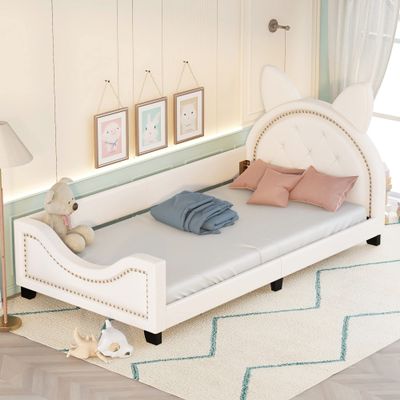 Anwick Twin Size Upholstered Daybed with Carton Ears Shaped Headboard, Twin Bed Upholstered Wood Daybed for Girls, Cute Day Bed for Kids/Teens, No Box Spring Needed (White2)