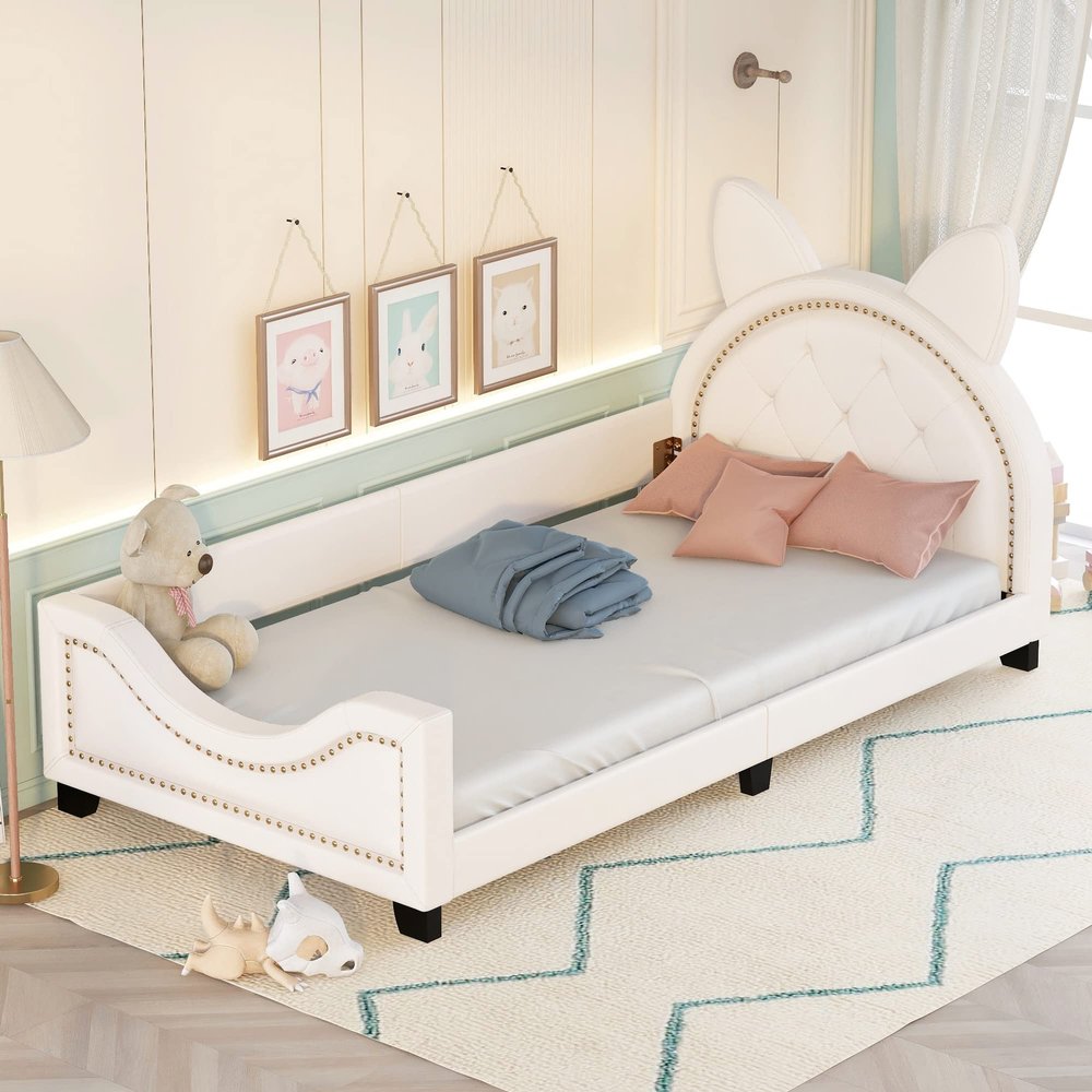 Anwick Twin Size Upholstered Daybed with Carton Ears Shaped Headboard, Twin Bed Upholstered Wood Daybed for Girls, Cute Day Bed for Kids/Teens, No Box Spring Needed (White2)