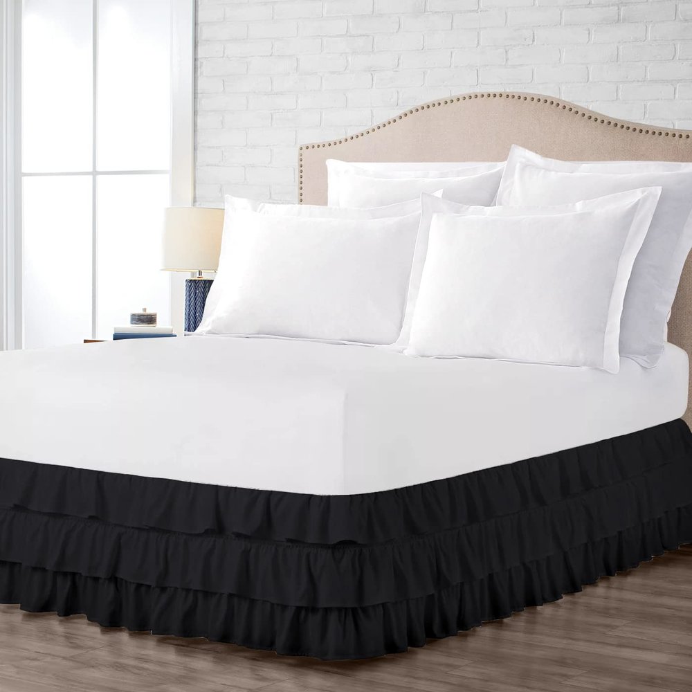 Bed Skirt - 100% Cotton 800 TC Multi-Ruffle Bed Skirt - Luxury Multi Ruffle Bed Skirt Elastic Dust Ruffles with Wrap Around Bed Skirt 12 Inch Tailored Drop, Twin, Black