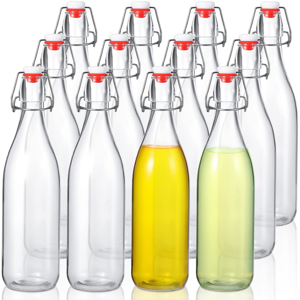 Aoriher 12 Pcs 25 oz Swing Top Glass Bottles 750 ml Glass Bottles with Red Caps for Home Brewing Kombucha Homemade Juices Beer Water Oil Vinegar Soda Syrup Kefir Beverages