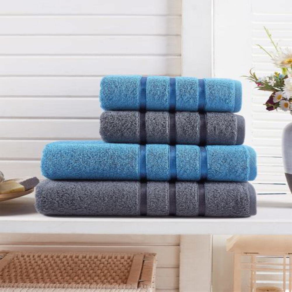 Bath Towel Set 100 Cotton 4pcs For Adults Quick Dry Easy Cleaning Bathroom Face Compressed Beach Hotel Foot made in English Anthracite - Denim Blue TURKEY