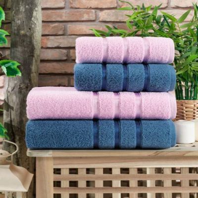 Bath Towel Set 100 Cotton 4pcs For Adults Quick Dry Easy Cleaning Bathroom Face Compressed Beach Hotel Foot made in English Denim Blue - Powder TURKEY