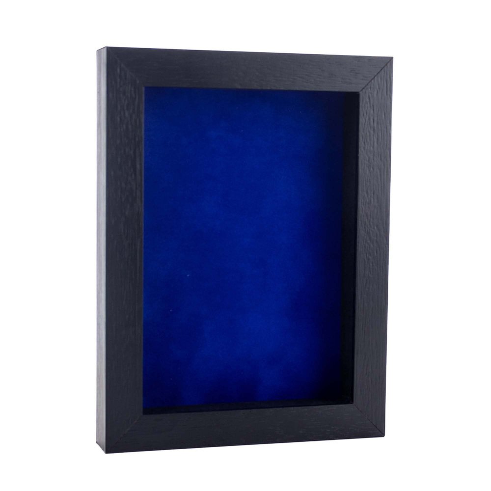 11x17 Textured Black Shadowbox Frame - Shadow Box Frame Interior Size 11x17 by 1" Deep - Royal Blue Acid-Free Suede Backing - Includes Shatter Resistant Acrylic, Backing, Hardware - Usable Depth: 3/4"