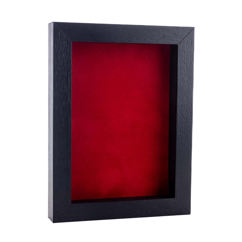 11x17 Textured Black Shadowbox Frame - Shadow Box Frame Interior Size 11x17 by 1" Deep - Red Acid-Free Suede Backing - Includes Shatter Resistant Acrylic, Backing, Hardware - Usable Depth: 3/4"