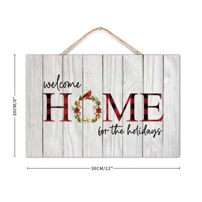 Farmhouse Welcome Sign Red And White Buffalo Plaid Christmas Wreath Welcome Home for The Holidays Wood Sign With Quote 8x12 Inch Rustic Wooden Signs for Front Door Porch Gate Home Decor Wall Art