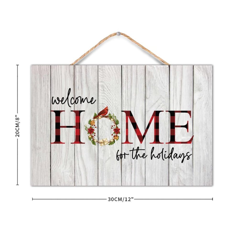 Farmhouse Welcome Sign Red And White Buffalo Plaid Christmas Wreath Welcome Home for The Holidays Wood Sign With Quote 8x12 Inch Rustic Wooden Signs for Front Door Porch Gate Home Decor Wall Art