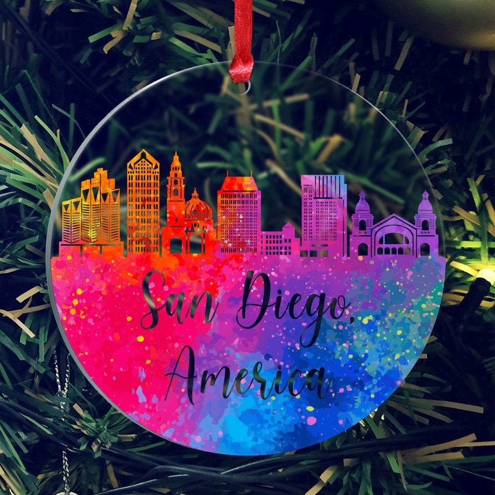 Acrylic Ornament America San Diego City Skyline Hanging Ornaments Christmas Tree Decorations, Ship from USA, 3"
