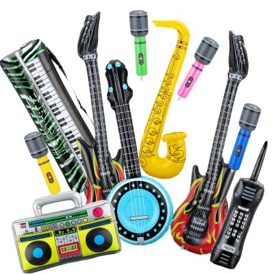 12 Pieces Inflatable Instruments Party Props Rock Star Toy Set Blow Up Guitars Inflatable Saxophone Bass Lute Microphones Mobile Phone Recorder Piano for 80s 90s Themed Party Photo Booth Decorations