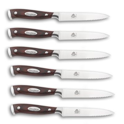 Bavarian Knife Works Set of 6 Steak Knife Plus Knife Block, German Steel Blades, Razor Sharp and Easy to Sharpen, Lightweight with Pakkawood Handles, Essential for Any Steak Lover!