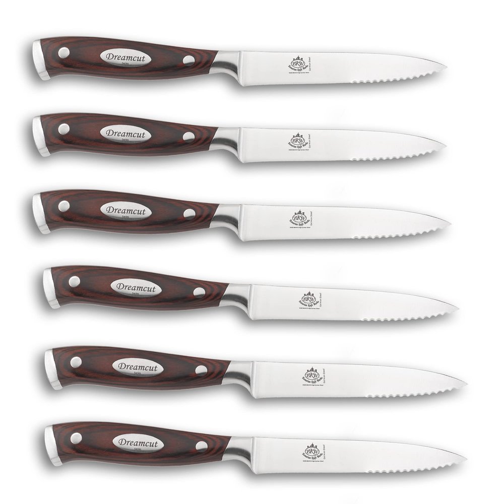 Bavarian Knife Works Set of 6 Steak Knife Plus Knife Block, German Steel Blades, Razor Sharp and Easy to Sharpen, Lightweight with Pakkawood Handles, Essential for Any Steak Lover!