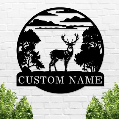 Custom Name Deer Forest Sign Deer Metal Wall Art, Personalized Deer Metal Sign for Home Wall Decor, Customized Deer Wall Sign for Indoor Outdoor, Deer Hunting Metal Wall Hanging Sign