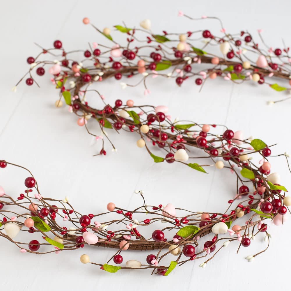 Artificial Heart Pip Berry Garland  Valentines Day and Sweetest Day Rustic Berries, Farmhouse Home Decor for Table Arrangements, Fireplace Mantel, and Holiday Centerpiece Decorations (60" Long)