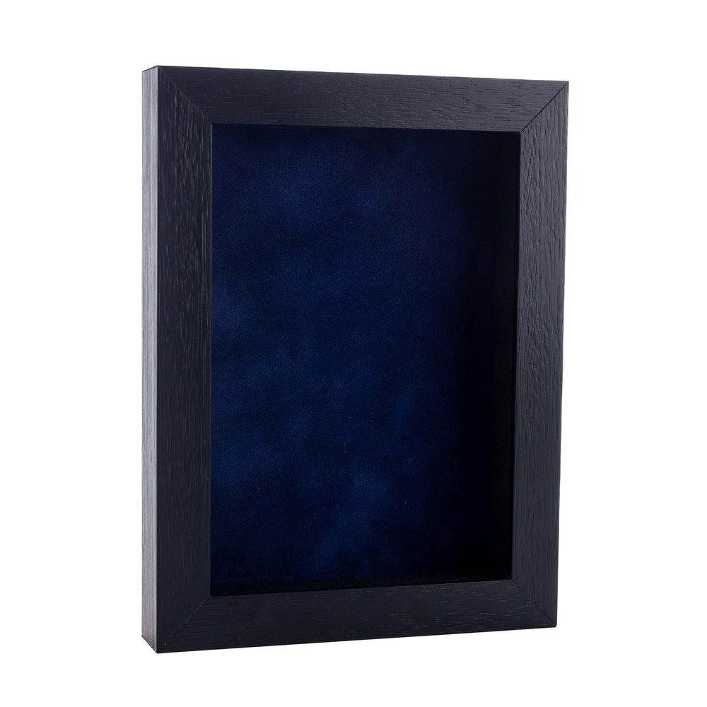 11x17 Textured Black Shadowbox Frame - Shadow Box Frame Interior Size 11x17 by 1" Deep - Navy Blue Acid-Free Suede Backing - Includes Shatter Resistant Acrylic, Backing, Hardware - Usable Depth: 3/4"