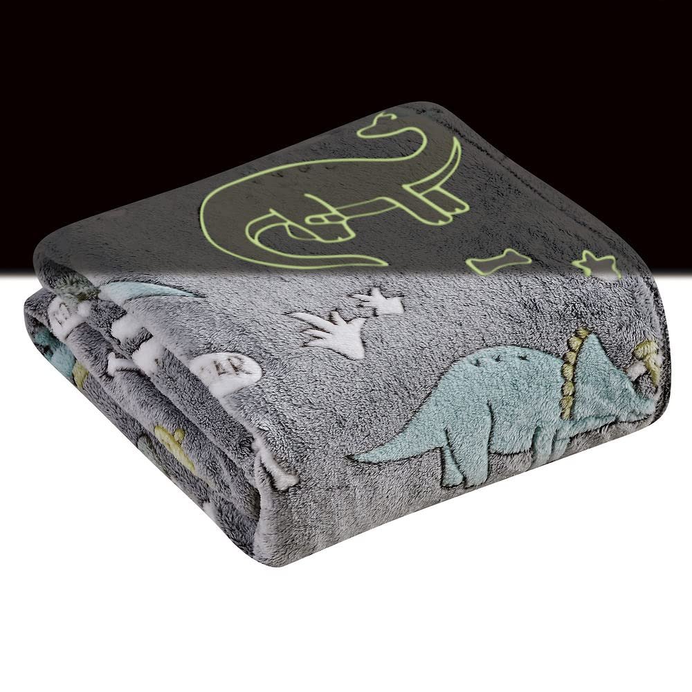 Printed Throw Blanket, Glow in The Dark, Soft Plush, Home Dcor Fuzzy Warm & Cozy, for Bedding, Couch & Gift, 50 x 60 - Grey Dino Friends