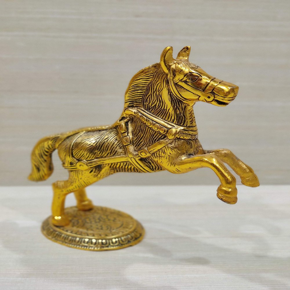 Metal Oxidized Jumping Horse Statue, Standard, Golden, 1 Piece by Indian Collectible
