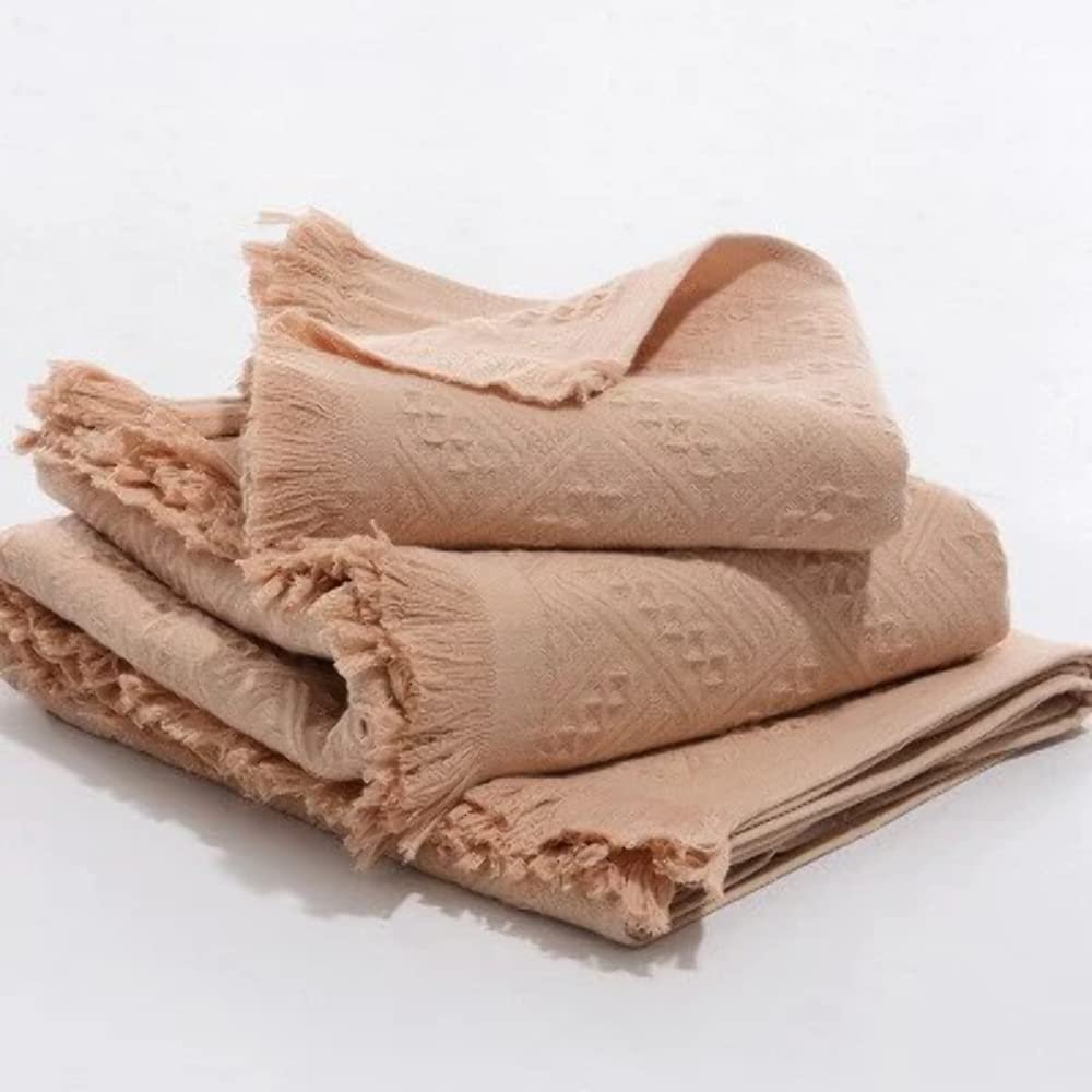 2021 New Japanese Style Family Shower Towels Bathroom Solid Absorbent Hand Towel Cotton Bath Beach Towel with Tassel handdoeken Light orange towel 34x75cm and 70x140cm