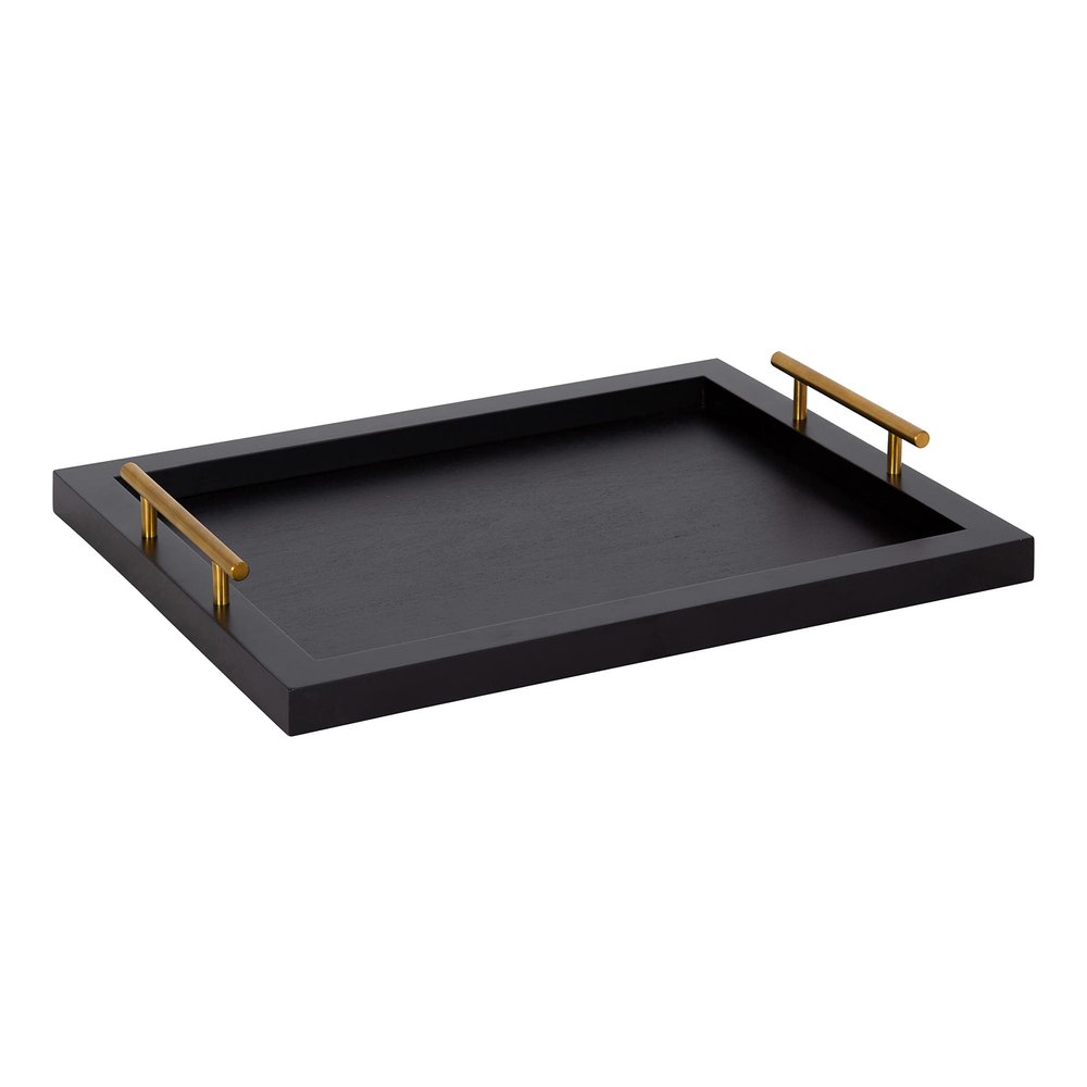 Kate and Laurel Halsey Rectangle Decorative Wooden Tray with Polished Metal Handles; 17 x 13; Black and Gold; Modern Glam Wood Rectangular Serving Tray for Display or Decoration