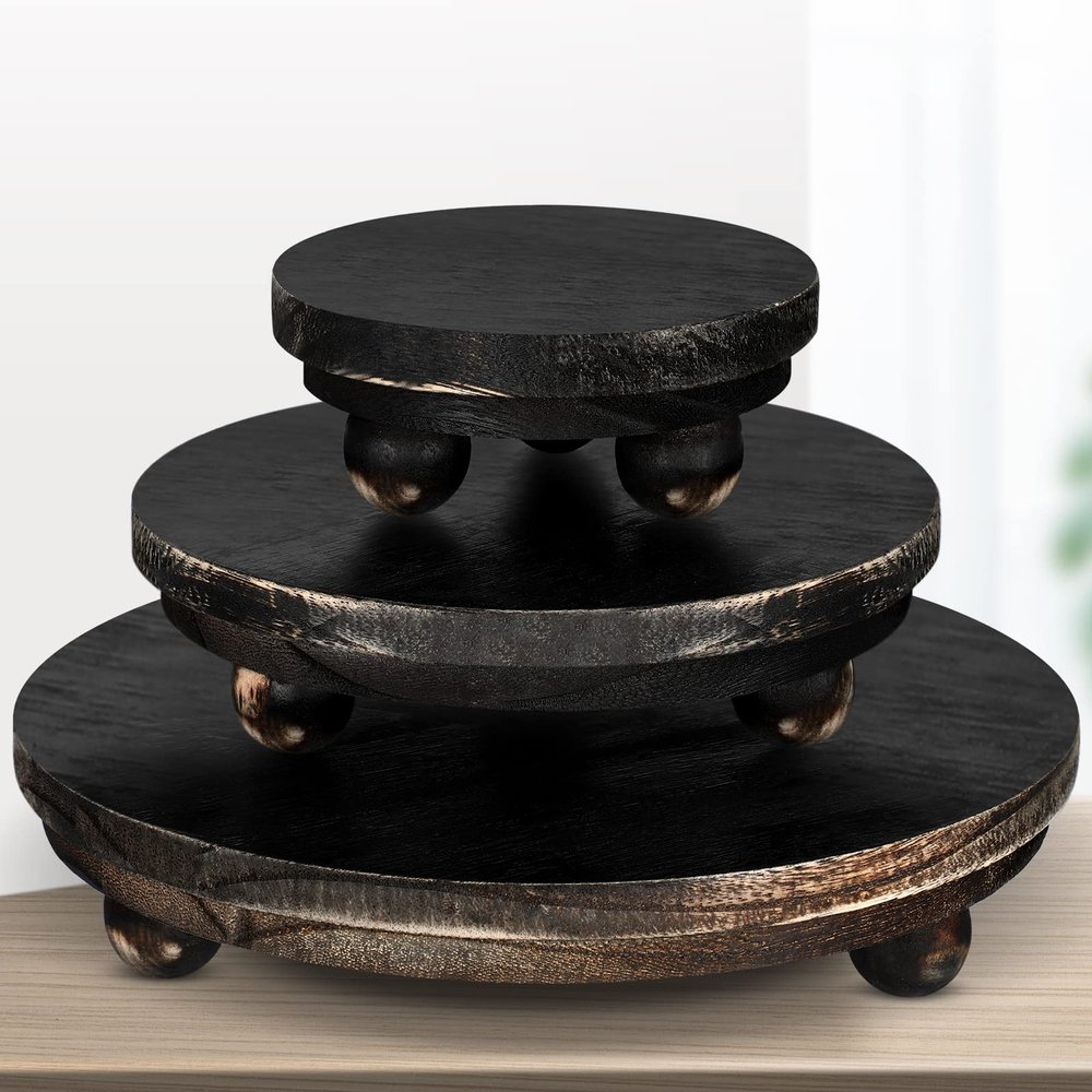 Amyhill 3 Pcs 8/6/4 Inch Wooden Risers for Display Wood Pedestal Stand Mini Tray Stand Round Wooden Pedestal Holder Rustic Riser for Decor Tiered Tray Decor Home Kitchen(Black)