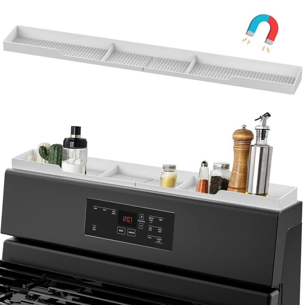 AWOKE Stove Top Shelf 30 Inch - Silicone Material Magnetic Shelf for The Stove - 3 Functional Partitions Kitchen Spice Rack Organizer - White