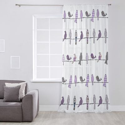 Purple Birds Flowers Semi Sheer Curtains Drapes for Living Room, Bedroom, French Doors Window 108 Inches Long, Modern Boho Polka Dot Plaid Rod Pocket Chiffon Curtain Drapery Voile Draperies Panel