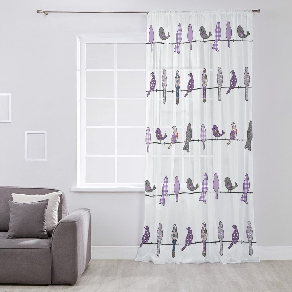 Purple Birds Flowers Semi Sheer Curtains Drapes for Living Room, Bedroom, French Doors Window 108 Inches Long, Modern Boho Polka Dot Plaid Rod Pocket Chiffon Curtain Drapery Voile Draperies Panel