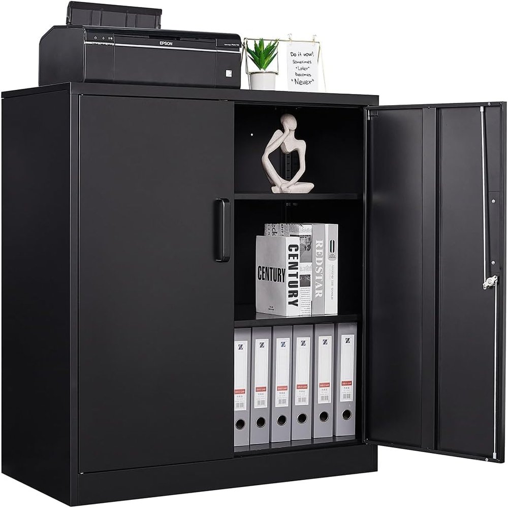 AFAIF Metal Storage Cabinet, 2 Doors Garage Cabinets, Steel Utility Tool Caninet, Short Locking Caninets with Adjustable Shelves, Black Lockable File Cabnet Cupboard for Home/Office/School/Shop