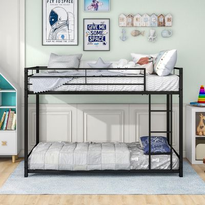 CNANXU Twin Over Twin Floor Bunk Bed,Metal Bunk Bed with Safety Guard Rails & Climbing Ladder for Teens Adults,Easy to Assemble,Heavy Duty Space-Saving Design(Black) (Twin Over Twin)