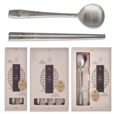 Balwoo [2 Sets] [Made in Korea] Orchid Design Korean Style Sticky Rice Spoon Chopsticks Set 304 Stainless Steel Soup Spoon Ramen Chopsticks Flatware (2 Sets)