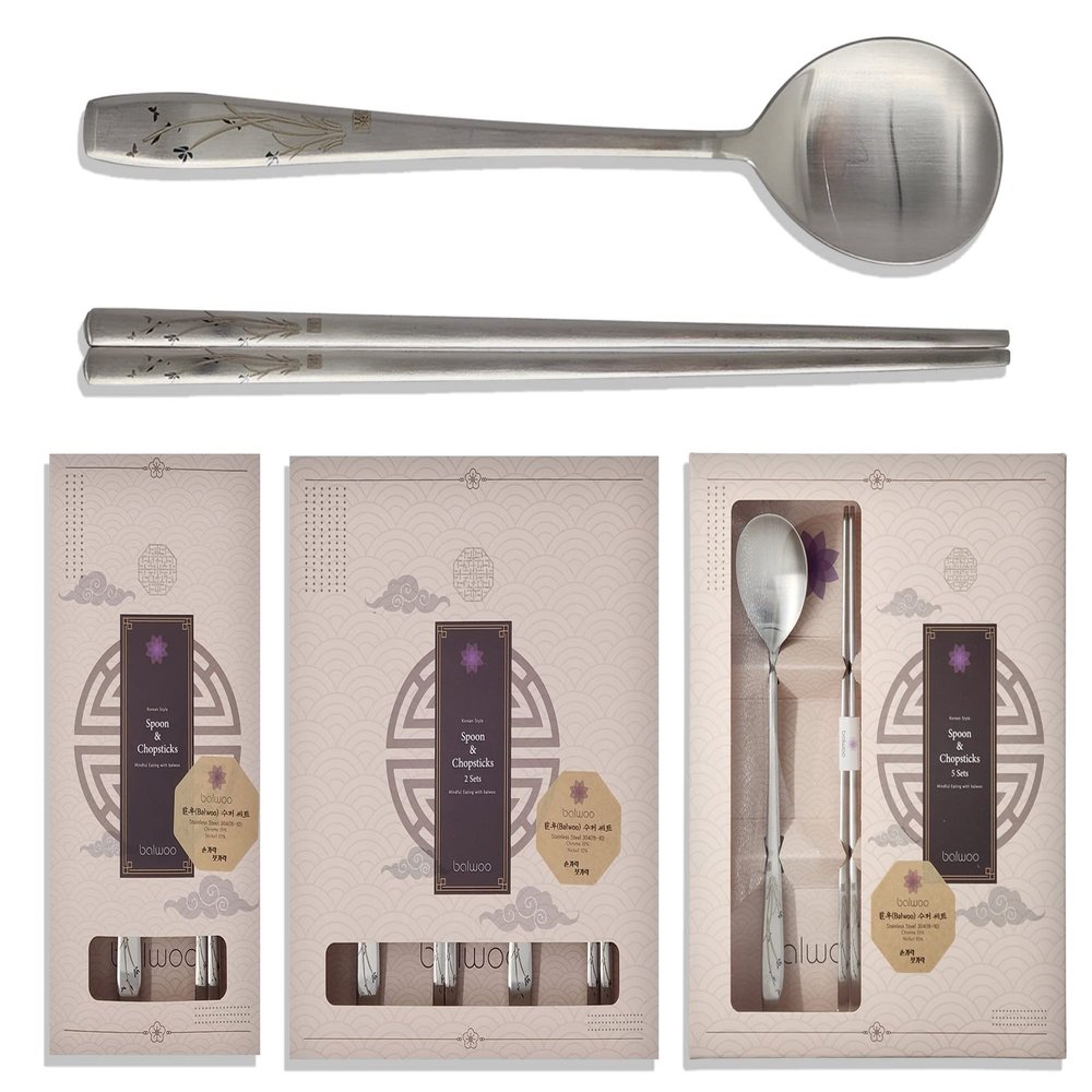 Balwoo [2 Sets] [Made in Korea] Orchid Design Korean Style Sticky Rice Spoon Chopsticks Set 304 Stainless Steel Soup Spoon Ramen Chopsticks Flatware (2 Sets)
