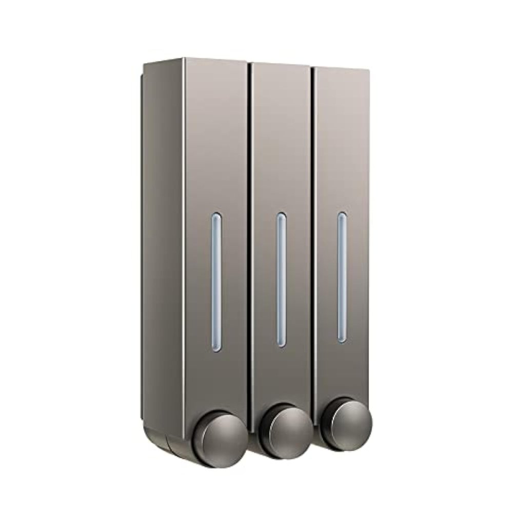 3 Chamber Shampoo and Conditioner Dispenser for Shower Wall - No Drill Body Wash Soap Dispenser Set for Hotel Bathroom - Gray