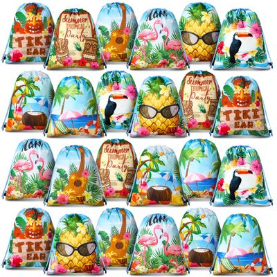 Frienda 24 Pcs Hawaiian Party Favor Bags Hawaii Themed Aloha Drawstring Backpack Flamingo Tropical Gift Goodie Bags for Birthday, Bridal Shower, Summer, Beach, Pool Backpack, 12 x 10 Inch