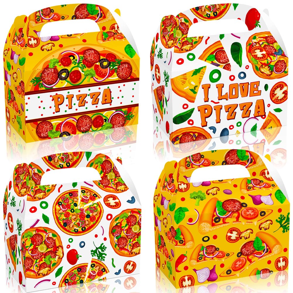 Roaring Good Time 12 PCS Pizza Party Favor Boxes Pizza Goodie Treat Bags Pizza Themed Birthday Party Supplies Pizza Birthday Decorations Bags