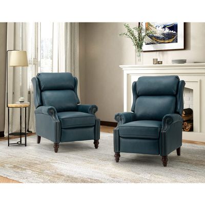 HULALA HOME Genuine Leather Recliner Chair, Traditional Manual Pushback Comfy Seating for Living Room, Thick Cushion & Solid Wood Legs, Wingback Recliner with Nailhead Trim, Turquoise-S2