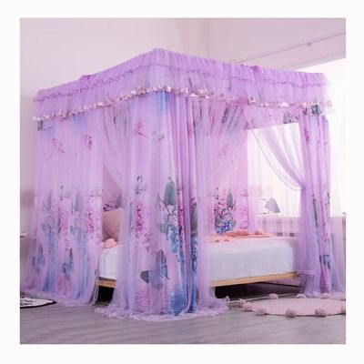 4-Corner Column Double-Layer Bed Canopy Mosquito net with Support, Adult Girls' Bedroom Decoration 4 Season Bed Curtain (Color : Purple - 1, Size : 1.8x2.2M)