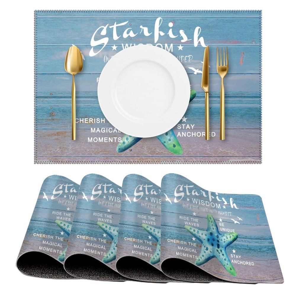 Sea Ocean Life Starfish Placemats Set of 4, Coastal Decor Beach Theme Tropical PVC Table Mats Decoration for Dining Kitchen Farmhouse 12x18 Inch Washable Heat-Resistant Mats