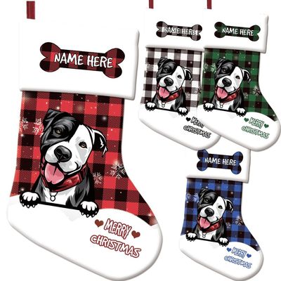 MALIHONG Friendly Pit Bull Dog Plaid Check Christmas Stocking Snowflake Pet Dog Bone Custom Name Gift Candy Bag Fireplace Hanging Decor Stocking 14.4"
