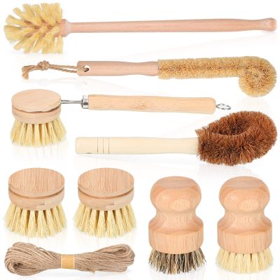 8 Pcs Bamboo Dish Brush Dish Washing Scrub Bottle Brush Wooden Palm Pot Brush Cleaning Scrubbers with Natural Sisal Bristles Long Handle for Pots Pans, Bottle, Sink, Vegetables, Household Cleaning