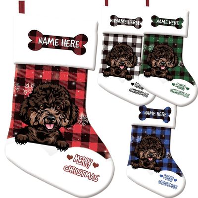 MALIHONG Funny Poodle Dog Plaid Check Christmas Stocking Snowflake Pet Dog Bone Custom Name Gift Candy Bag Fireplace Hanging Decor Stocking 14.4"