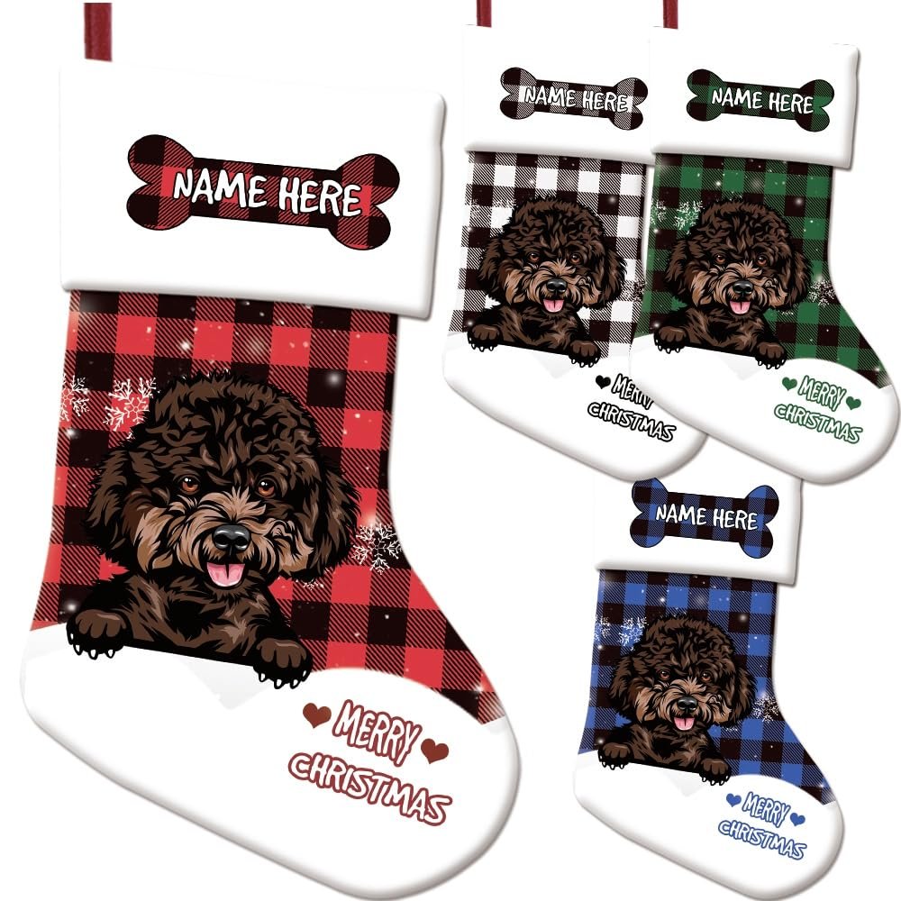 MALIHONG Funny Poodle Dog Plaid Check Christmas Stocking Snowflake Pet Dog Bone Custom Name Gift Candy Bag Fireplace Hanging Decor Stocking 14.4"